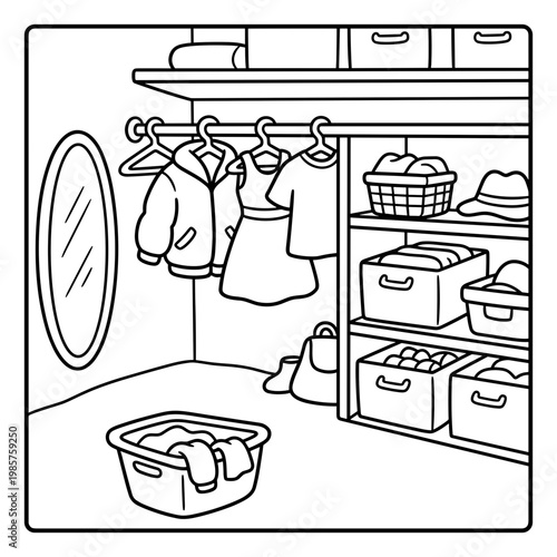 Closet interior with clothes, storage boxes, and mirror in black and white  coloring page