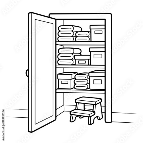 Storage closet with shelves holding towels and boxes beside a stool  coloring page