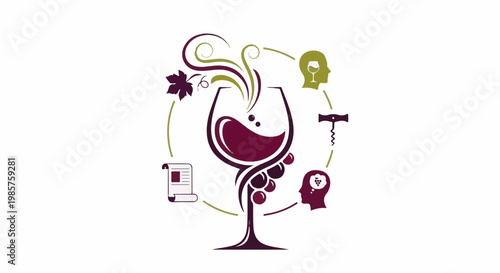 Stylized wine glass with grapes, leaf, scroll, and heads
