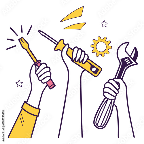 Photos Three hands holding tools with decorative elements.