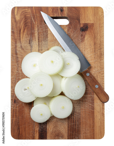 Top View of Sliced Onion with Knife on Cutting Board Isolated on Transparent Background