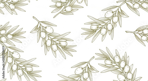 Olive branch, green leaves, seamless pattern, botanical design, vector illustration