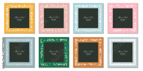 Kid floral photo frames. Flower picture vintage borders. Cute square. Children picture photo gallery. Postage vector illustration. Border invitation