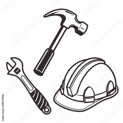 Industrial tools hammer wrench hard hat vector art.