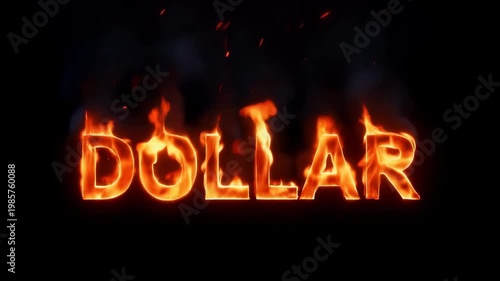 Burning text dollar with intense orange flames and sparks against a dark black background