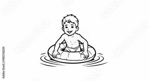 Young boy happily floats in water on inflatable ring