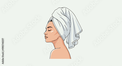 Woman with towel on head, applying cream on cheek