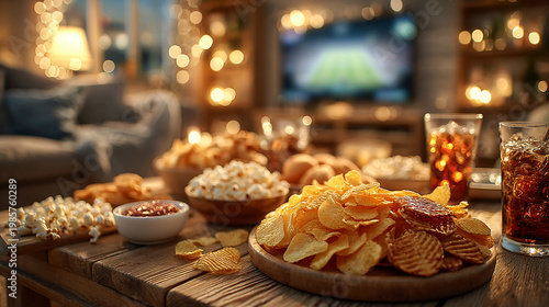 coffee table filled with casual snacks like chips, popcorn, nachos, dips, and cold drinks in glasses, soft warm lighting with TV glow in the background, relaxed and homely atmosphere