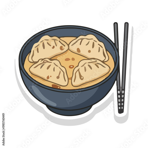 Bowl of Gyoza Dumpling Soup with Chopsticks Illustration