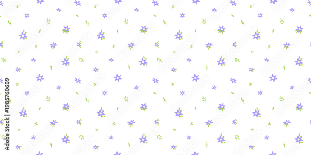 Obraz premium Cute seamless violet floral pattern with tiny flowers on white background. Vector ditsy purple print for spring textiles, vintage wallpaper, and fabric designs