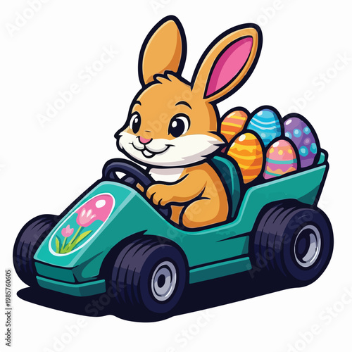 A cute cartoon Easter bunny happily drives a vibrant green go-kart, its trunk filled with beautifully decorated eggs, perfect for spring holiday fun.