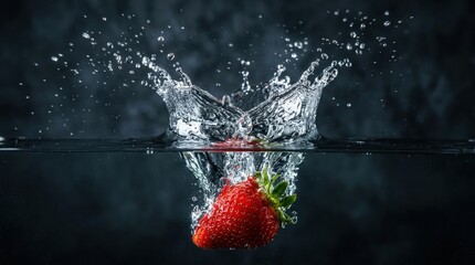 A fresh strawberry dropping into crystal-clear water with a dramatic splash and suspended droplets, glossy red surface against a dark moody backdrop, sharp lighting and vivid refreshing energy,