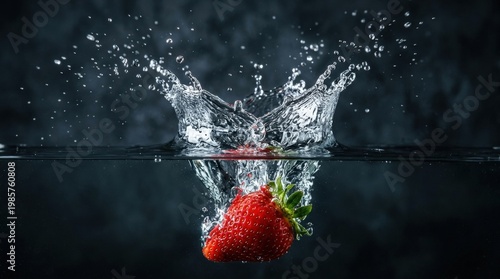 A fresh strawberry dropping into crystal-clear water with a dramatic splash and suspended droplets, glossy red surface against a dark moody backdrop, sharp lighting and vivid refreshing energy,