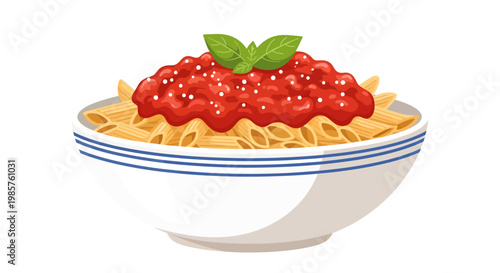 A delightfully illustrated white bowl with blue stripes holds a hearty portion of cooked penne pasta smothered in a rich red tomato sauce, sprinkled with grated cheese, and garnished with fresh basil