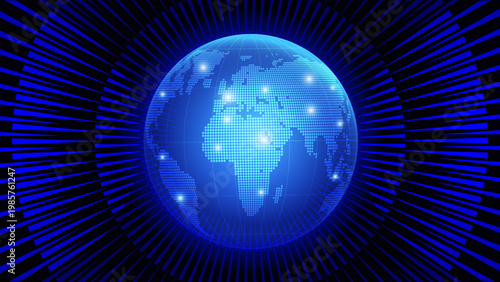 Blue Glowing Digital Earth with Radial Light Rays – Futuristic Global Technology Network Background Vector Illustration