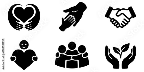 Minimal icon set representing care, support, and teamwork. Includes heart, handshake, and people symbols ideal for nonprofit and social campaigns.