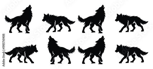 Set of 8 Black Wolf Silhouette Vector Icons