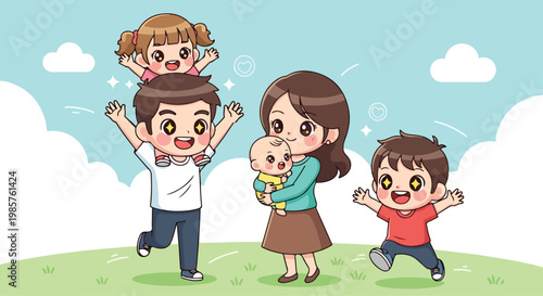 Happy family with children enjoying outdoor playtime on a sunny day in a park setting