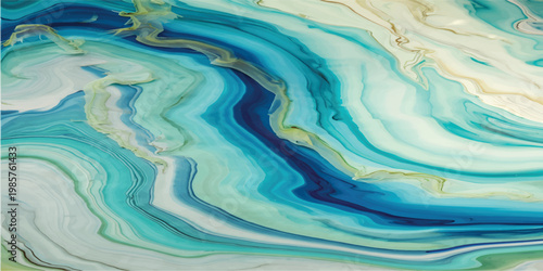 Abstract fluid art with swirling turquoise, white, and gold veins creating a sense of flowing water and light energyPrint