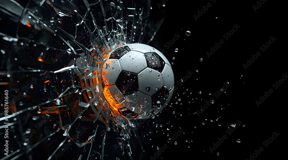 Fototapeta premium 3D Render of a Soccer Ball Breaking Glass with Fire and Water Splash