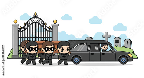 Group of cartoon police officers and detectives standing next to a black police car on a city street with buildings