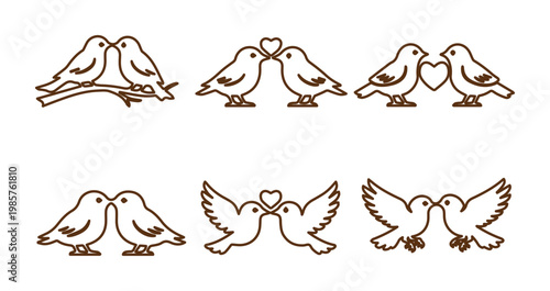 Set of 6 Outline Love Bird Icons Vector