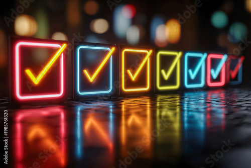 Vibrant neon illuminated check mark icons in colorful squares reflecting on a glossy dark surface symbolizing completion and confirmation concepts in a row