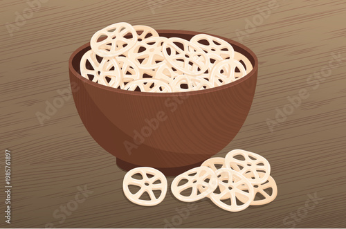 Malaysian traditional childhood snacks - Roda Ayam crackers in wooden bowl