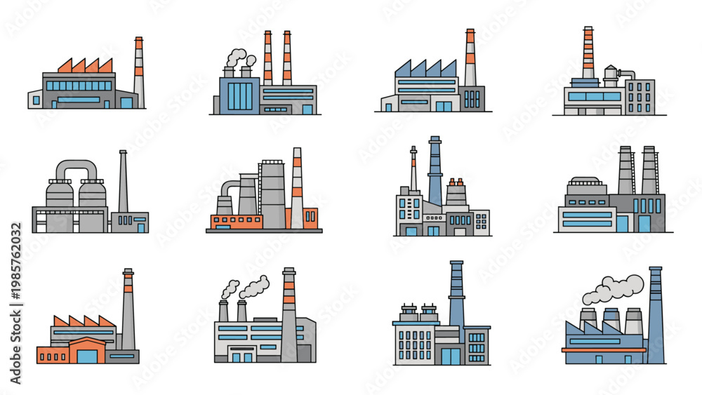 Obraz premium Various industrial factory building icons showing different manufacturing plants with smoking chimneys for urban development and industry.