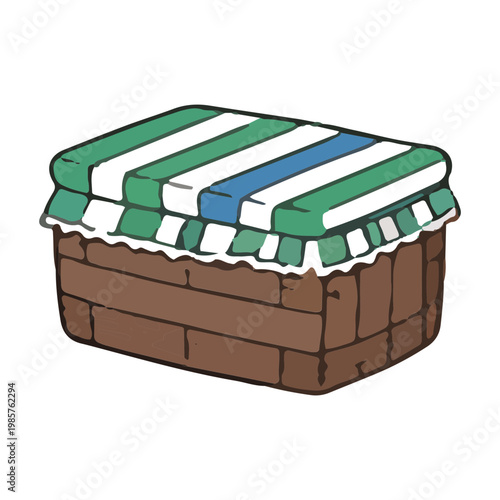 Wicker Picnic Basket Illustration with Striped Fabric Lid