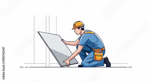 Construction worker in blue overalls and hard hat installing a panel