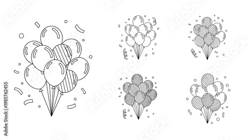 Group of celebratory balloons with confetti shown in five different black and white line and hatching styles for party invitations.