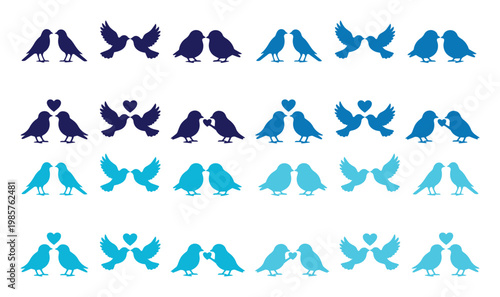 Set of 32 Blue and Cyan Love Birds Silhouettes Vector