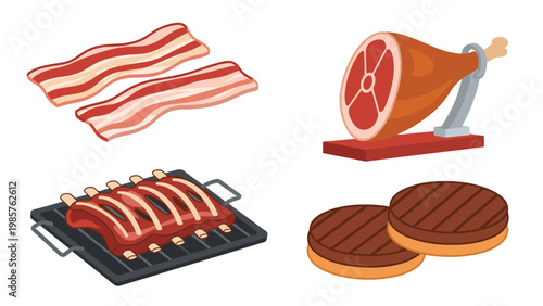 Assorted raw and cooked meat products including crispy bacon strips, smoked ham, grilled ribs, and juicy beef burger patties for cooking.