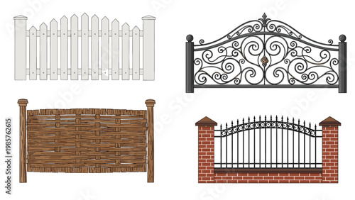 Selection of decorative residential fences featuring styles such as white picket, wrought iron, woven wood, and brick with metal railings.