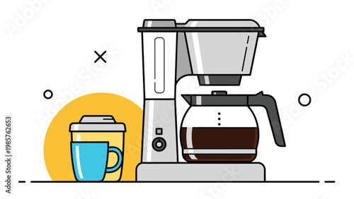 Modern automatic drip coffee maker brewing dark coffee into a glass carafe shown with a blue cup and travel mug on yellow background.