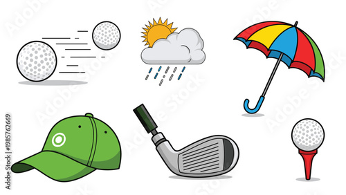 Sport collection of golf equipment including balls, a club, and a green cap paired with colorful weather icons and a multi-colored umbrella.