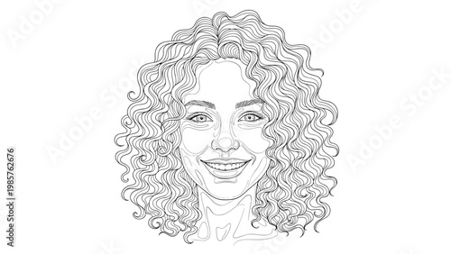 Detailed line art drawing of a beautiful young woman with voluminous curly hair and a joyful smiling expression in black and white.