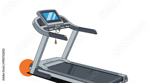 Modern motorized electric treadmill with digital display screen and safety clip for indoor fitness and cardio exercise routines.