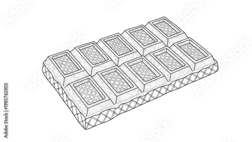 Detailed hand drawn illustration of a single chocolate bar divided into small rectangles with a textured surface on white background.
