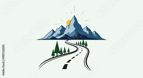 Winding road leads to sunlit mountains