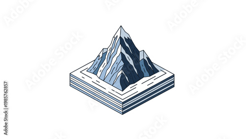 Isometric 3D illustration of a sharp snow-covered mountain peak rising from a layered square base representing geological terrain.