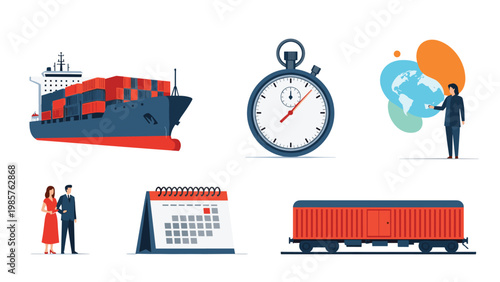 Set of global logistics icons including a cargo ship, train wagon, delivery calendar, stopwatch, and international shipping concepts.