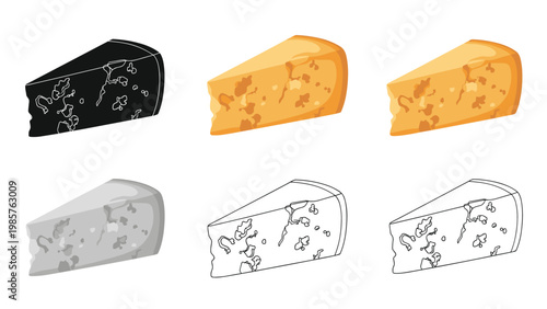 Detailed illustration of a Swiss cheese wedge with holes presented in multiple styles including color, grayscale, line art, and silhouette.