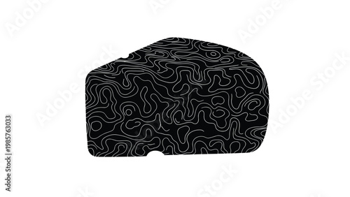 Creative silhouette of a cheese wedge featuring an intricate white topographical map line pattern on a solid black background.