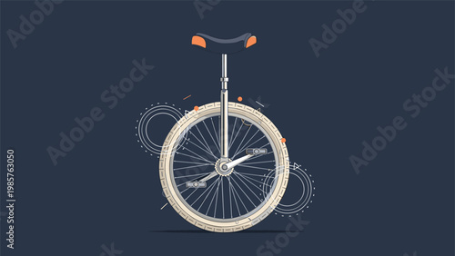 Detailed illustration of a classic unicycle with a black seat and white tire shown against a dark blue background with abstract circles.