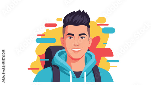 Portrait of a smiling young man wearing a blue hoodie and backpack against a vibrant and colorful abstract background.