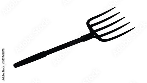 Black silhouette of a garden pitchfork agricultural tool isolated on white for farming, gardening, and landscaping.