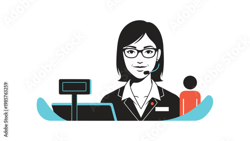 Professional vector illustration of a female cashier wearing glasses and a headset working at a store checkout desk.
