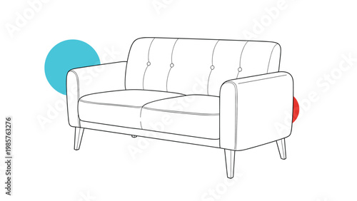 Outline drawing of a comfortable two-seater sofa with buttons on the backrest and colorful abstract shapes behind it.